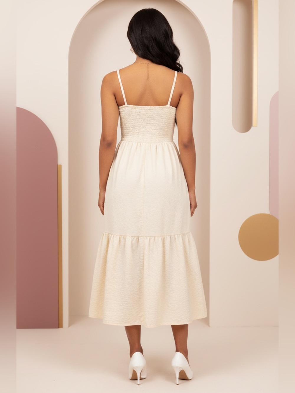 Cream Square Neck Tiered Midi Dress - Picture 2 of 4